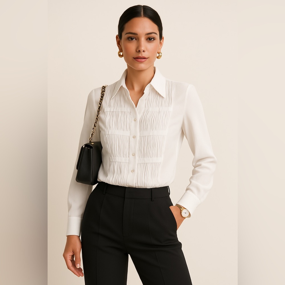 Elegant White Button-Up Blouse with Pleated Front by Precis